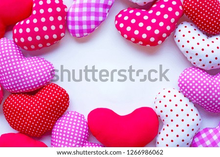 Frame of Valentine's hearts on white background, Top view