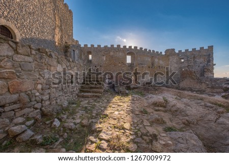 View of the ruins of the Montanchez Castle located in Caceres. Extremadura Spain