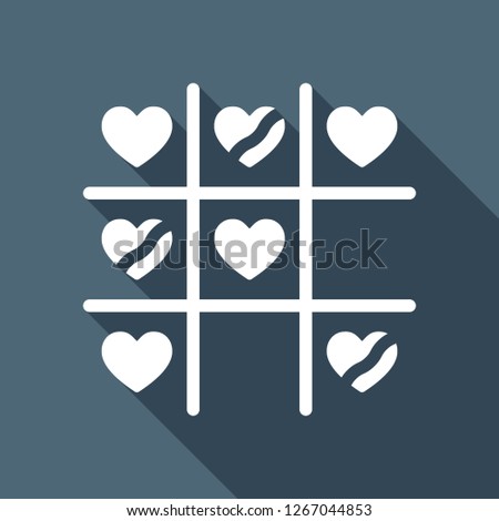 Tic tac toe game, love version with heart, valentine day icon. White flat icon with long shadow on blue background