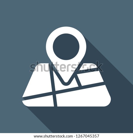 Map with pin, geo locate, pointer icon. White flat icon with long shadow on blue background Royalty-Free Stock Photo #1267045357