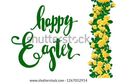 Hand drawn lettering to Easter with bright yellow roses seamless banner on white background. Universal, classic design easter card template