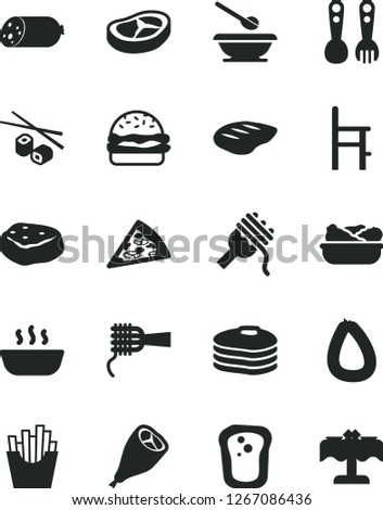 Solid Black Vector Icon Set - plates and spoons vector, a chair for feeding, plastic fork, sausage, stick of, piece pizza, burger, spaghetti, noodles, hot porridge, lettuce in plate, bacon, chop