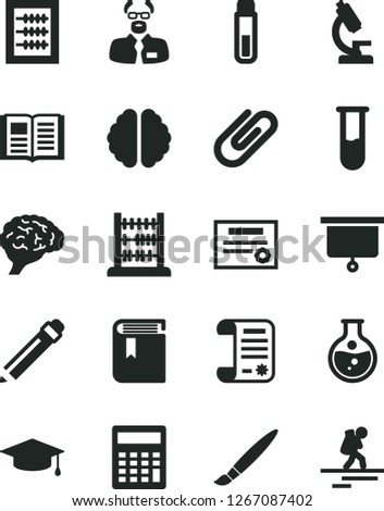Solid Black Vector Icon Set - tassel vector, graphite pencil, calculator, book, new abacus, clip, round flask, research article, test tube, microscope, brain, scientist, presentation board, patente