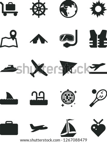 Solid Black Vector Icon Set - earth vector, plane, sail boat, hang glider, suitcase, departure, tent, sun, disco ball, pool, diving mask, baggage, tennis, map, handwheel, life vest, shark fin, yacht