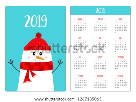 Snowman wearing red hat and scarf. Simple pocket calendar layout 2019 new year. Week starts Sunday. Cartoon character. Vertical orientation. Flat design. Blue background. Vector illustration