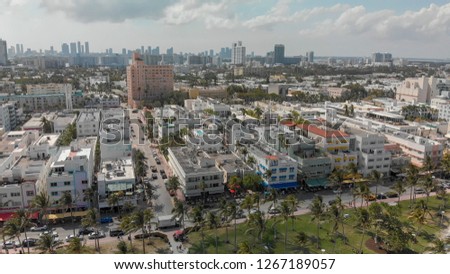 Aerial view of Miami Beach skyline and coastline on a sunny day, Florida.