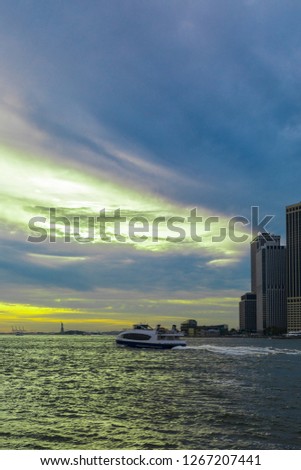 View from hudson river in new york. Brooklyn Bridge Park view