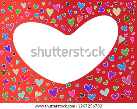 Big white heart Framed by many colored hearts on a red background, valentine background ,Hand drawing by application on tablet. 
