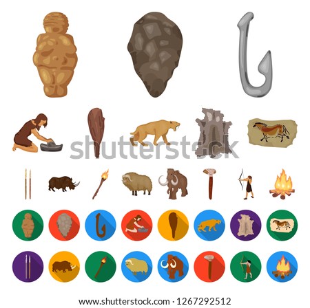 Life in the Stone Age cartoon,flat icons in set collection for design. Ancient people vector symbol stock web illustration.