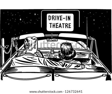 Couple At Drive-In Theatre - Retro Clipart Illustration