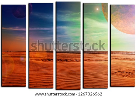 modular picture on a white background, beautiful fantastic landscape, sand, sky, planets
