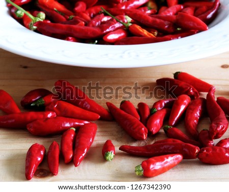 Group of ripened Capsicum annuum_poinsettia, very hot peppers on wooden table, Picture design for foods background.