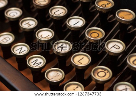 Antique typewriter closeup, vintage buttons