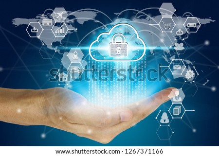 Businessman hand holding network using padlock over the Network connection technology,Technology Concept. 
