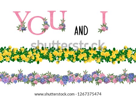 Hand drawn floral borders with lettering. Universal, classic elements to  wedding invitations, greeting cards, romantic cards, scrapbooking design. 