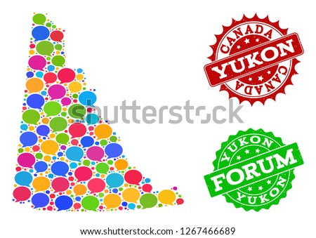 Social network map of Yukon Province and rubber stamp seals in red and green colors. Mosaic map of Yukon Province is composed with speech messages. Abstract design elements for social posters.