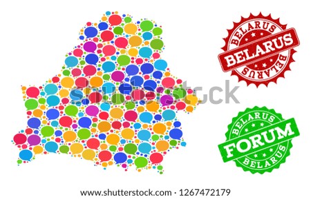Social network map of Belarus and grunge stamp seals in red and green colors. Mosaic map of Belarus is formed with communication clouds. Flat design elements for social illustrations.