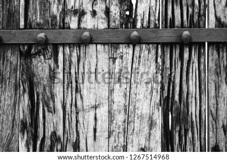 Old wood plank texture with steel metal in black and white