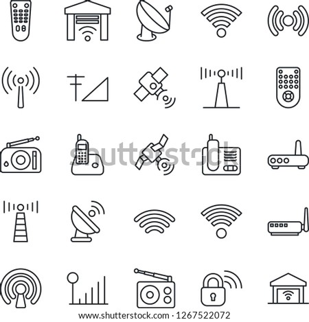 Thin Line Icon Set - antenna vector, satellite, radio, remote control, phone, wireless, cellular signal, lock, router, garage gate