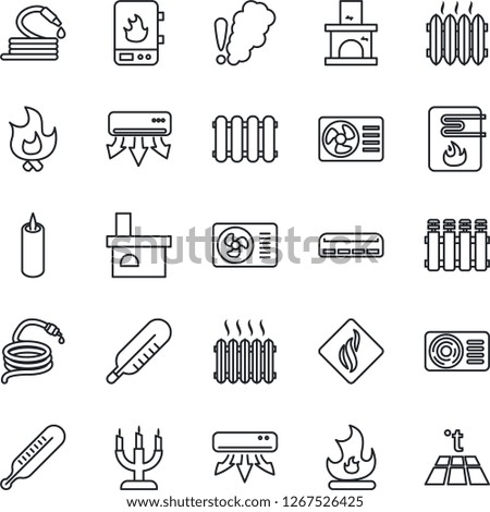 Thin Line Icon Set - fire vector, hose, fireplace, thermometer, heater, air conditioner, candle, water, smoke detector, radiator, warm floor