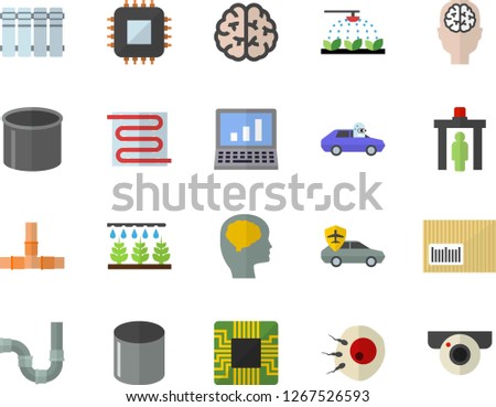 Color flat icon set pipes flat vector, warm floor, heating batteries, sprinkling machine, autopilot, pipe production, motherboard, barcode, artificial insemination, computer, brain, fector