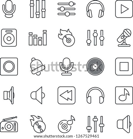 Thin Line Icon Set - vinyl vector, flame disk, microphone, radio, speaker, settings, equalizer, headphones, play button, stop, rewind, tuning, bell, record, music, sound