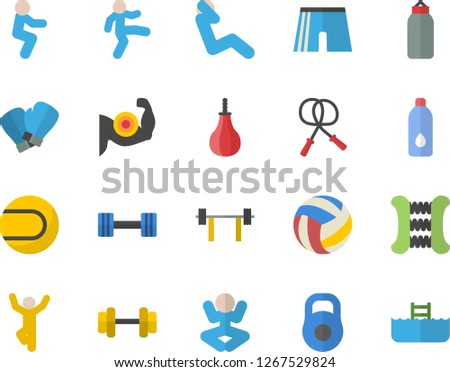 Color flat icon set dumbbell flat vector, barbell, weight, volleyball, muscles, skipping rope, carpal expander, sports pear, athletic shorts, tennis ball, boxing gloves, yoga, gymnastics, squats