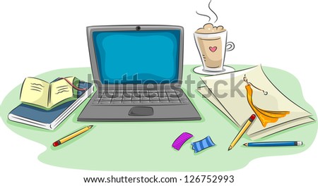 Illustration of a Workstation Featuring a Laptop, Notebooks, Pencils, Scraps of Paper, and a Cup of Coffee