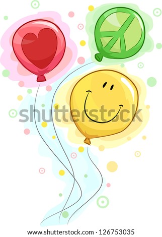 Illustration of Colorful Balloons Symbolizing Peace, Love, and Happiness
