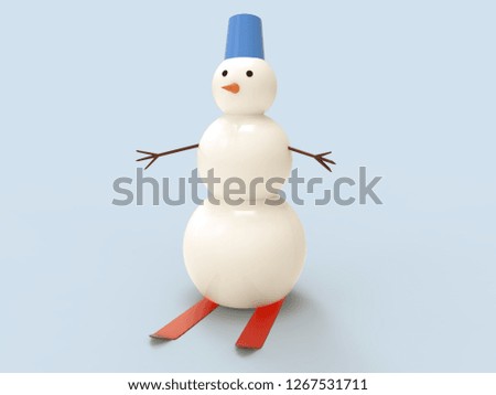 3D illustration and 3D rendering of a snowman skiing on a blue background