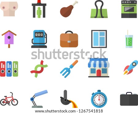 Color flat icon set window flat vector, electric stove, ham, soda, nesting box, pitchfork, refueling, metallurgy, store front, rocket, breast, DNA, reading lamp, folder, stopwatch, bicycle fector