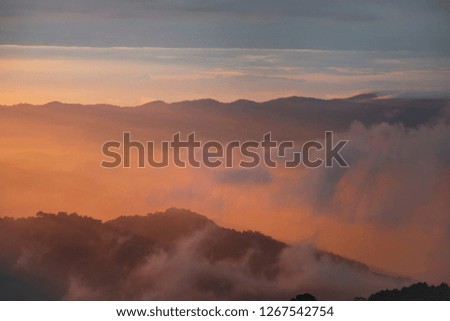 Mountain fog sky clouds landscape at the morning in thailand.