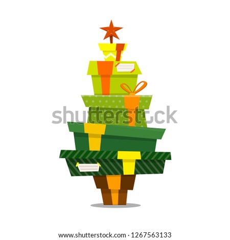 Christmas tree from the boxes. Postcard, vector isolated