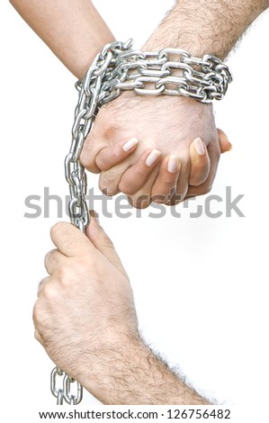 Woman and man  bounded metal chains on white background