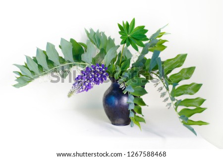 Still life with beautiful purple lupines in a vase on a table on a white background