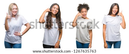 Collage of group of chinese, arab, african american woman over isolated background smiling doing phone gesture with hand and fingers like talking on the telephone. Communicating concepts.