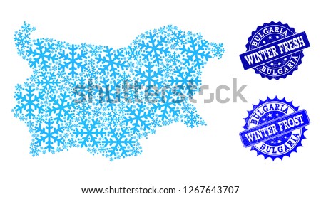 Frozen map of Bulgaria and distress stamp seals in blue colors with Winter Fresh and Winter Frost titles. Mosaic map of Bulgaria is designed with ice elements.