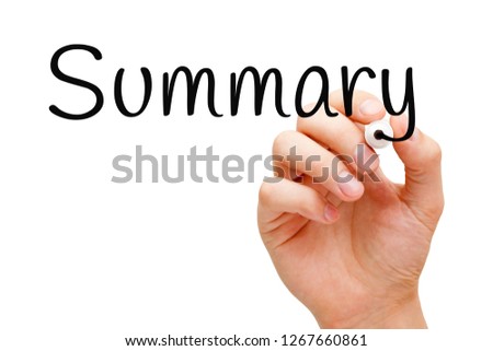 Hand writing the word Summary with black marker on transparent wipe board isolated on white. Royalty-Free Stock Photo #1267660861