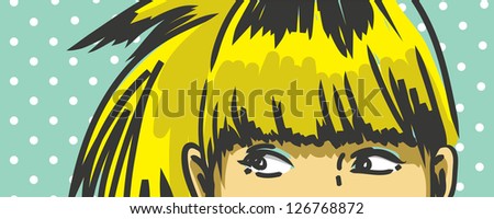  woman peeking out vector drawing, retro polka dots background