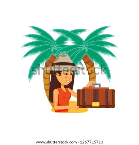 woman tourist with hat and beach palms