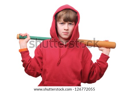Cool young boy with baseball bat on white background