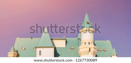 Roof part of fairy tail castle against blue sky on background