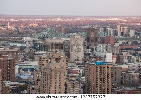 Montreal skyline, with the iconic buildings of the Downtown and the CBD business skyscrapers taken from the Mont Royal Hill. Montreal is the main city of Quebec, and the second city in Canada

