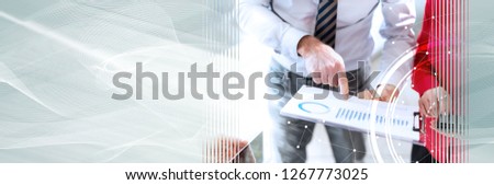 Business people in meeting discussing about financial results in office, overlaid with network, light effect. panoramic banner