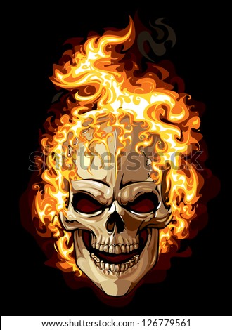 Burning skull on black background. Tattoo style.