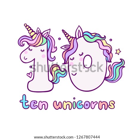 Cute Number Ten Unicorn Character Vector Illustration. Beautiful cartoon element for Kids Birthday Party invitation, greeting card and cake topper design.