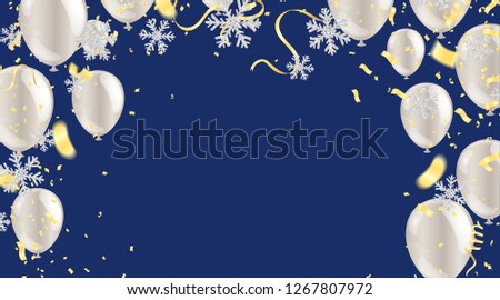 Party balloons illustration. Confetti and ribbons flag ribbons, Merry Christmas Party xmas Poster and Happy New Year 