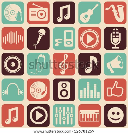 Vector music seamless pattern with icons and pictograms