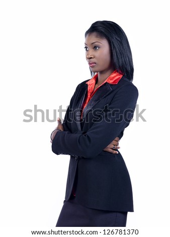 Side view of a confident young African American businesswoman over white background,