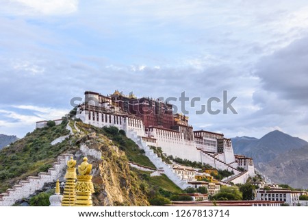 sun rise view of the Historic Ensemble of the Potala Palace from the south-west view platform in Lhasa, Tibet, China, which it is now a museum and World Heritage Site.